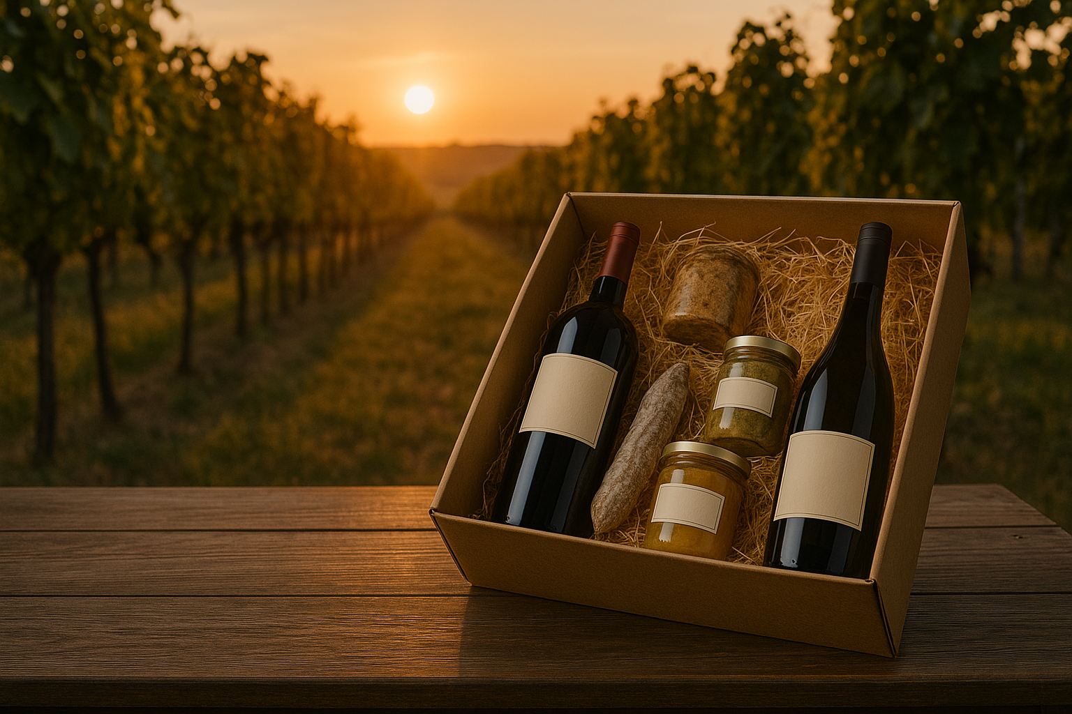 Coffret cadeau de vin avec bouteilles et produits du terroir dans un vignoble au coucher du soleil